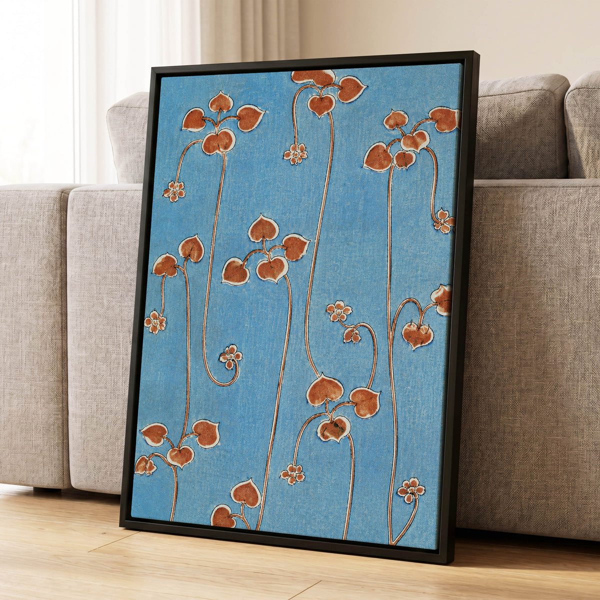 Russet Vine Rhythm, blue, orange, brown floral wall art displayed in a styled interior, gallery view 8