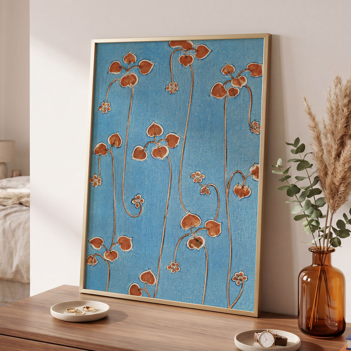 Russet Vine Rhythm, blue, orange, brown floral wall art displayed in a styled interior, gallery view 9