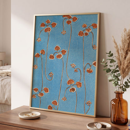 Russet Vine Rhythm, blue, orange, brown floral wall art displayed in a styled interior, gallery view 9