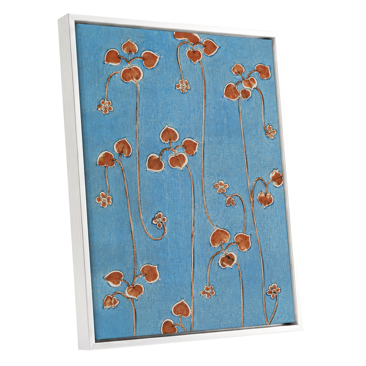 Russet Vine Rhythm, blue, orange, brown floral wall art shown as a white framed canvas wall art