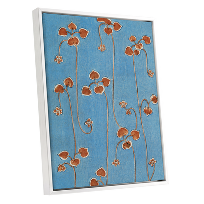Russet Vine Rhythm, blue, orange, brown floral wall art shown as a white framed canvas wall art