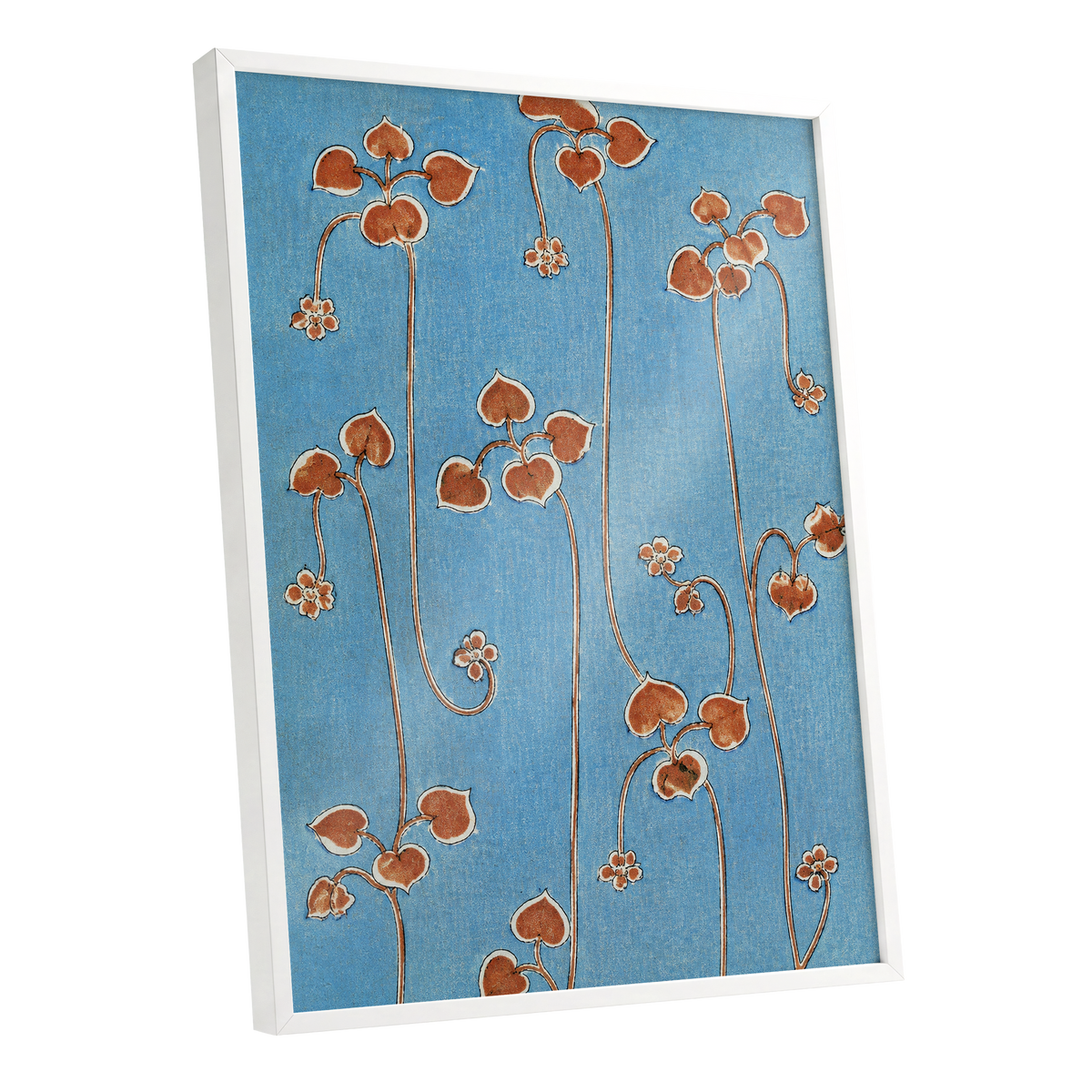 Russet Vine Rhythm, blue, orange, brown floral wall art shown as a white framed poster wall art print