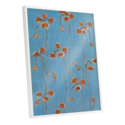 Russet Vine Rhythm, blue, orange, brown floral wall art shown as a white framed poster wall art print