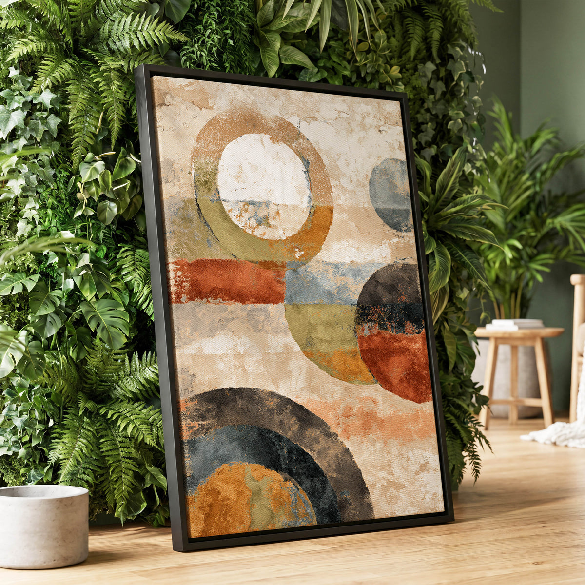 Rustic Orbit Abstract: black-framed geometric artwork with textured rust, tan, olive, blue-grey, cream and charcoal circles, leaning on a wood floor beside a lush green foliage wall.