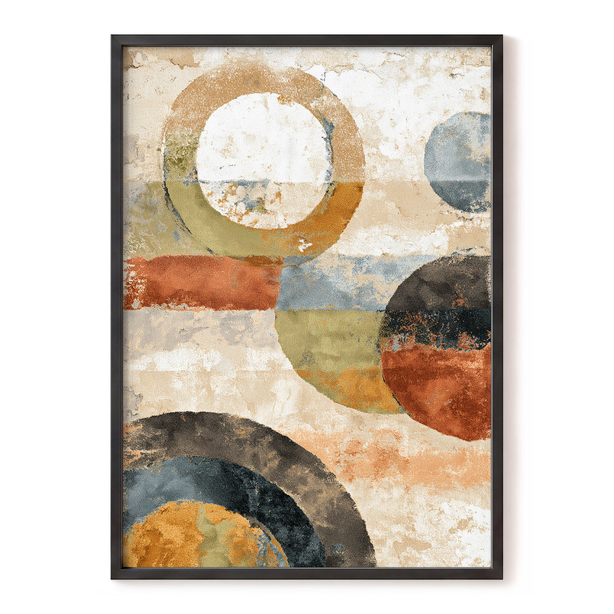 Rustic Orbit Abstract: black-framed geometric artwork with layered circles, arches and textured shapes in rust, tan, olive, blue-grey, cream and charcoal on a white wall.