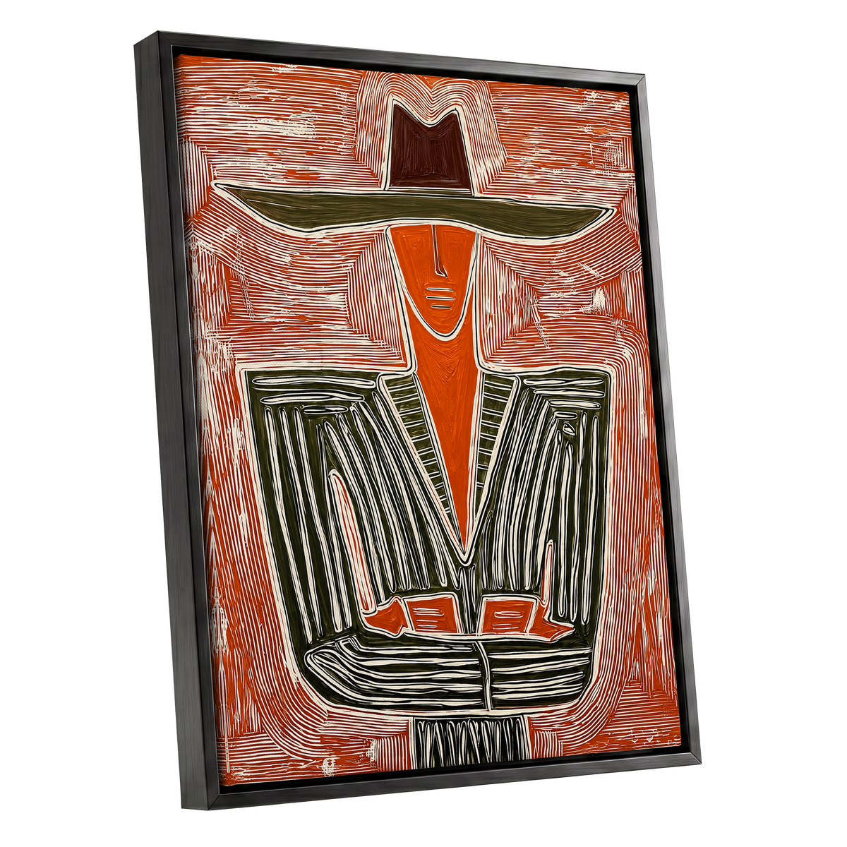 Rustline Silhouette, red, orange, green abstract wall art shown as a black framed canvas wall art
