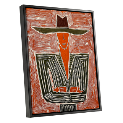 Rustline Silhouette, red, orange, green abstract wall art shown as a black framed canvas wall art