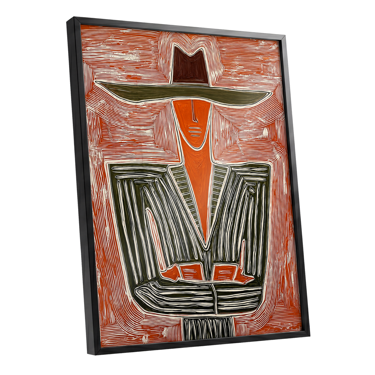 Rustline Silhouette, red, orange, green abstract wall art shown as a black framed poster wall art print