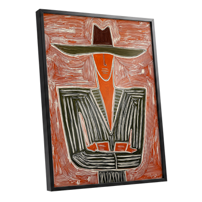 Rustline Silhouette, red, orange, green abstract wall art shown as a black framed poster wall art print