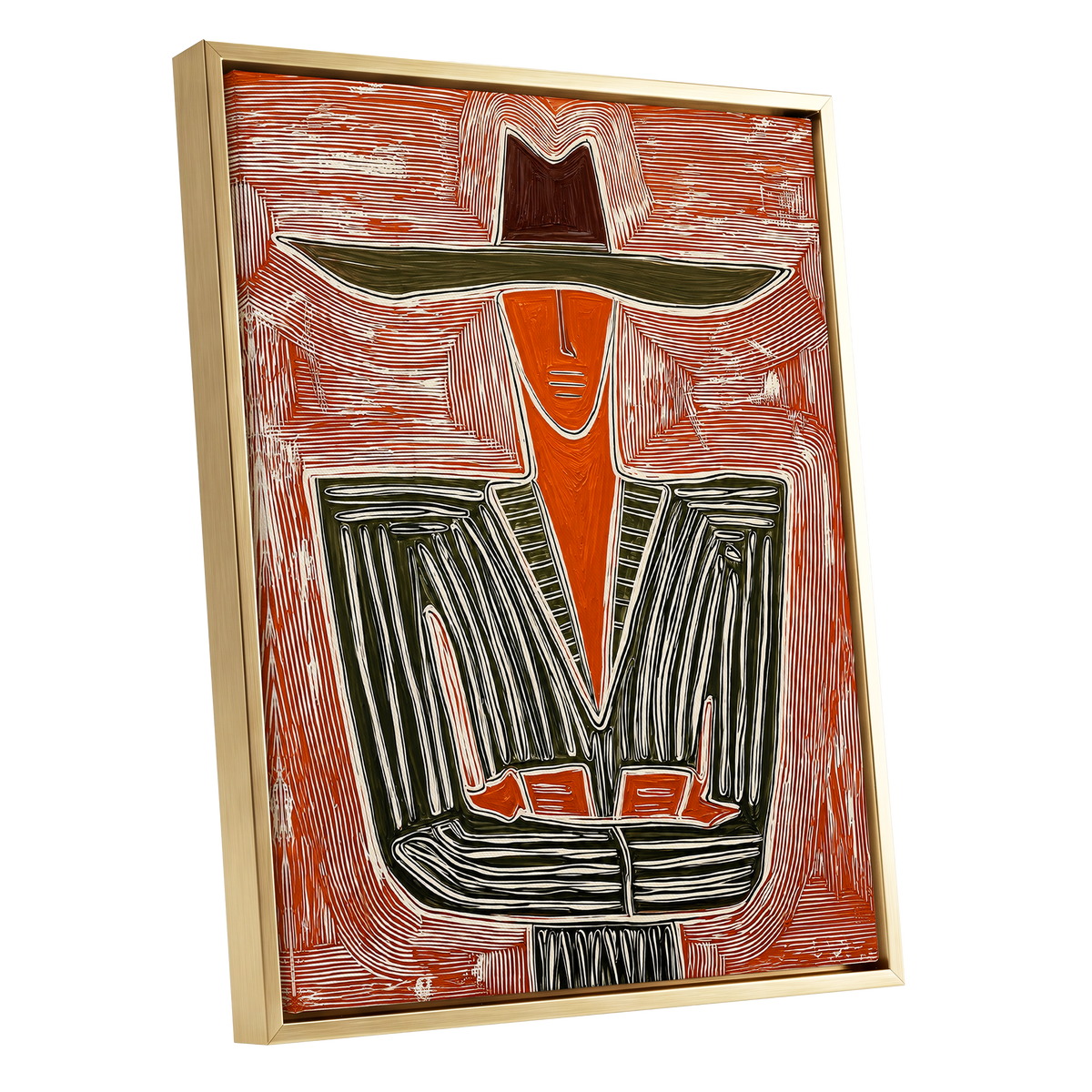 Rustline Silhouette, red, orange, green abstract wall art shown as a gold framed canvas wall art