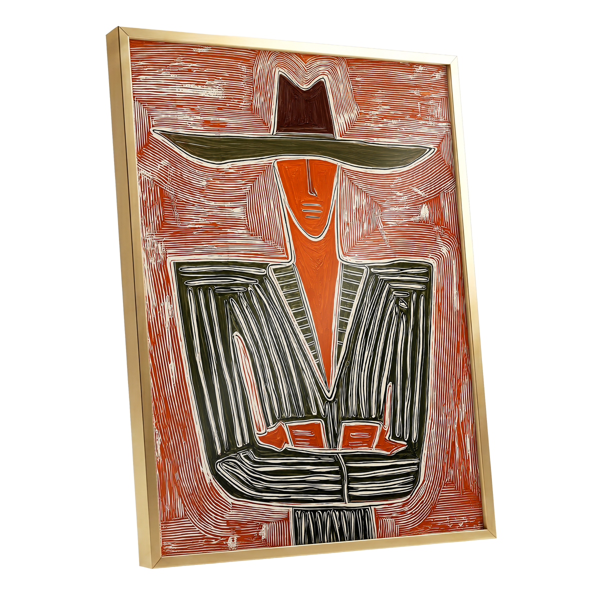 Rustline Silhouette, red, orange, green abstract wall art shown as a gold framed poster wall art print