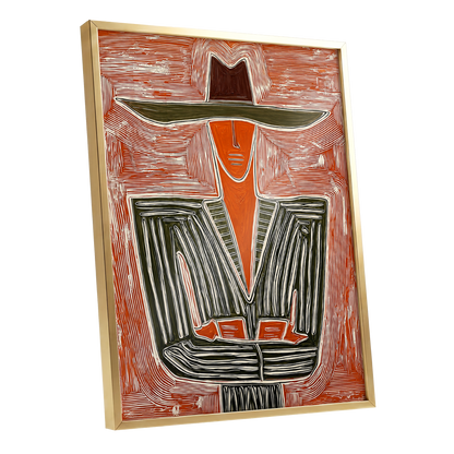 Rustline Silhouette, red, orange, green abstract wall art shown as a gold framed poster wall art print