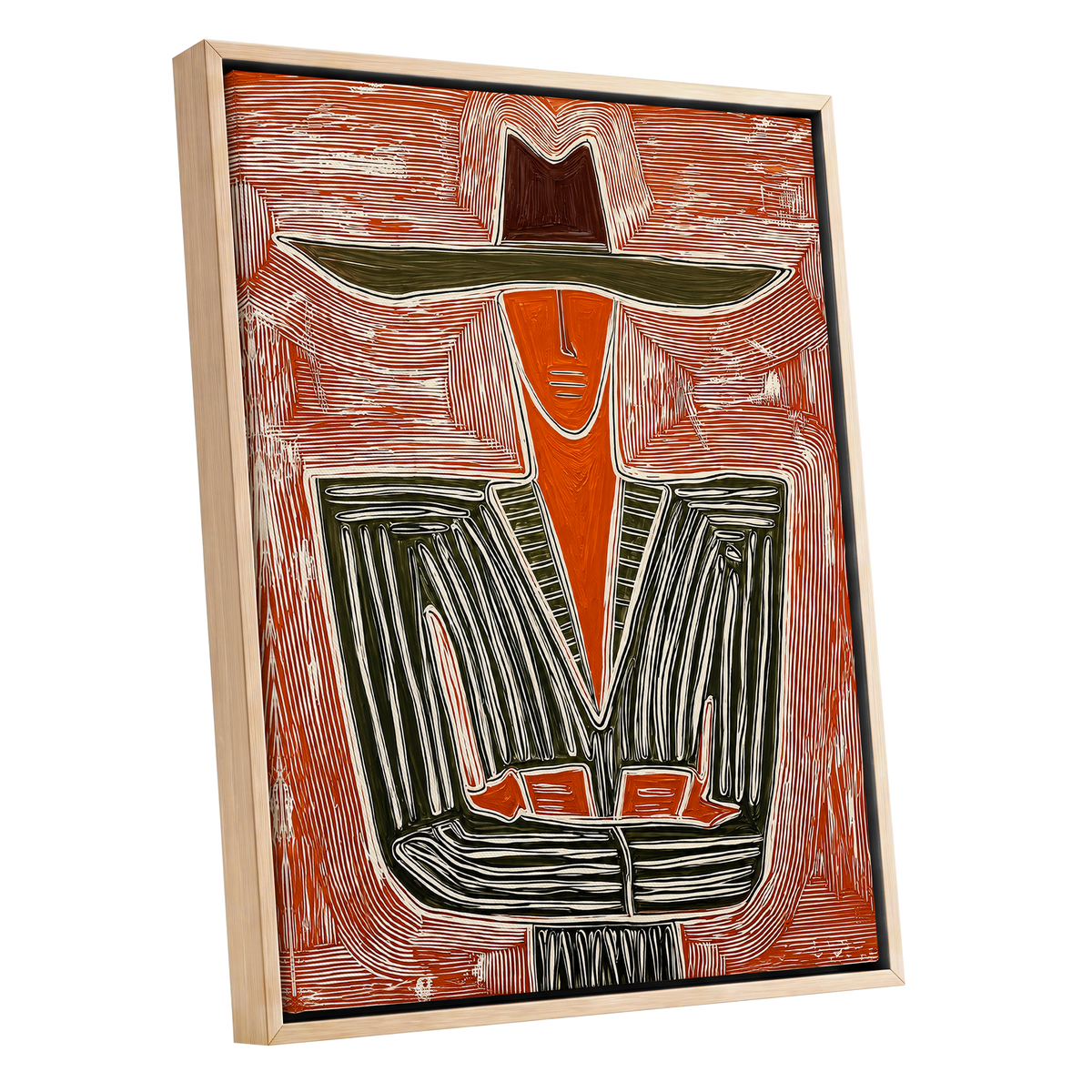 Rustline Silhouette, red, orange, green abstract wall art shown as a oak framed canvas wall art