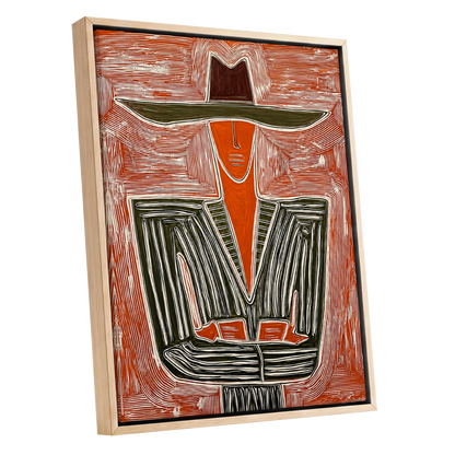 Rustline Silhouette, red, orange, green abstract wall art shown as a oak framed canvas wall art