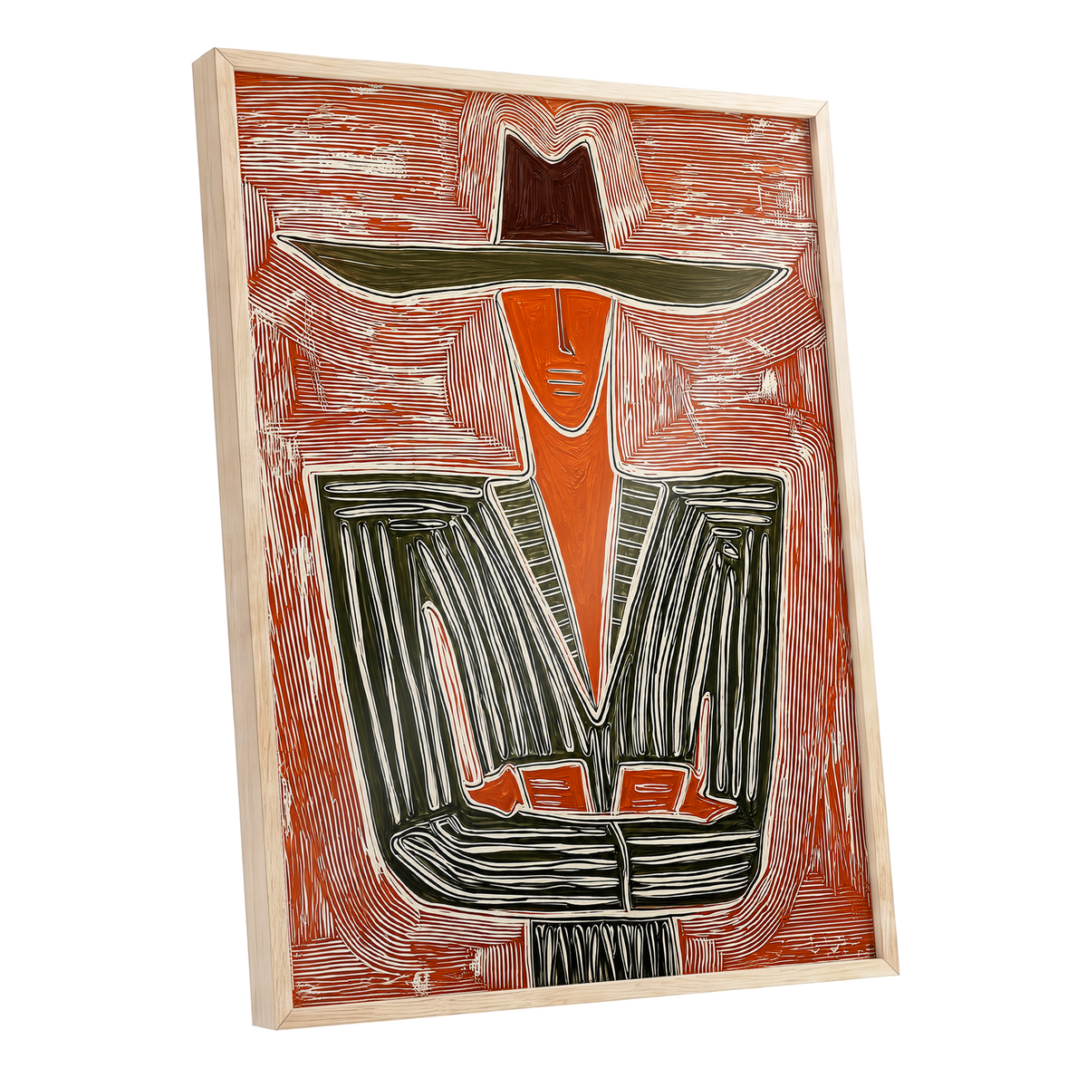 Rustline Silhouette, red, orange, green abstract wall art shown as a oak framed poster wall art print