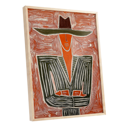 Rustline Silhouette, red, orange, green abstract wall art shown as a oak framed poster wall art print