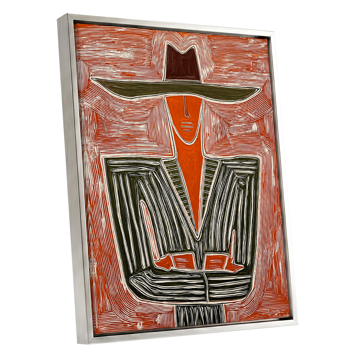 Rustline Silhouette, red, orange, green abstract wall art shown as a silver framed canvas wall art
