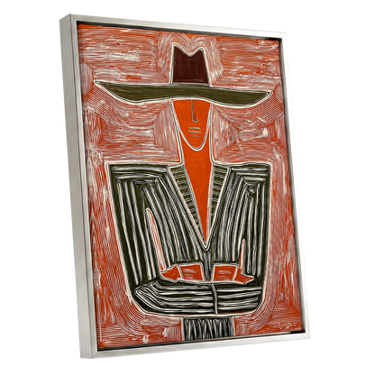 Rustline Silhouette, red, orange, green abstract wall art shown as a silver framed canvas wall art