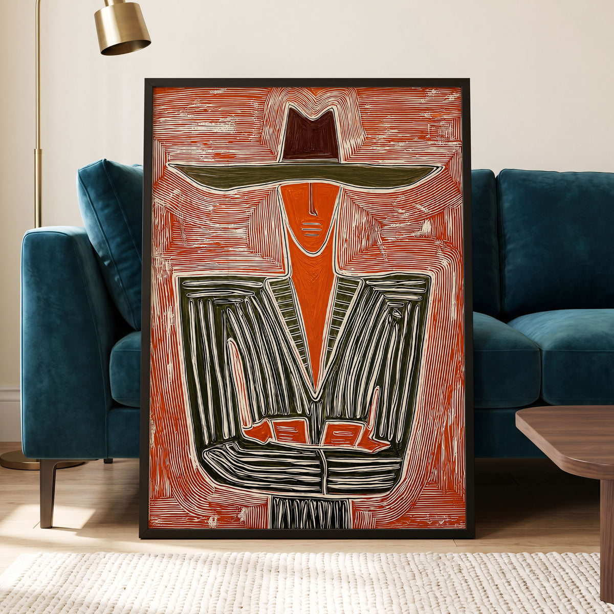 Rustline Silhouette, red, orange, green abstract wall art displayed in a styled interior, gallery view 2