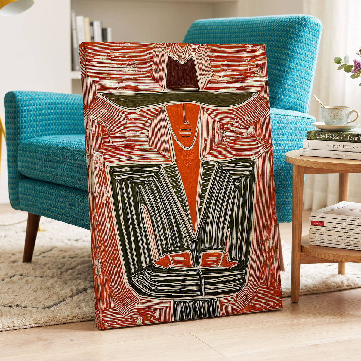 Rustline Silhouette, red, orange, green abstract wall art displayed in a styled interior, gallery view 3