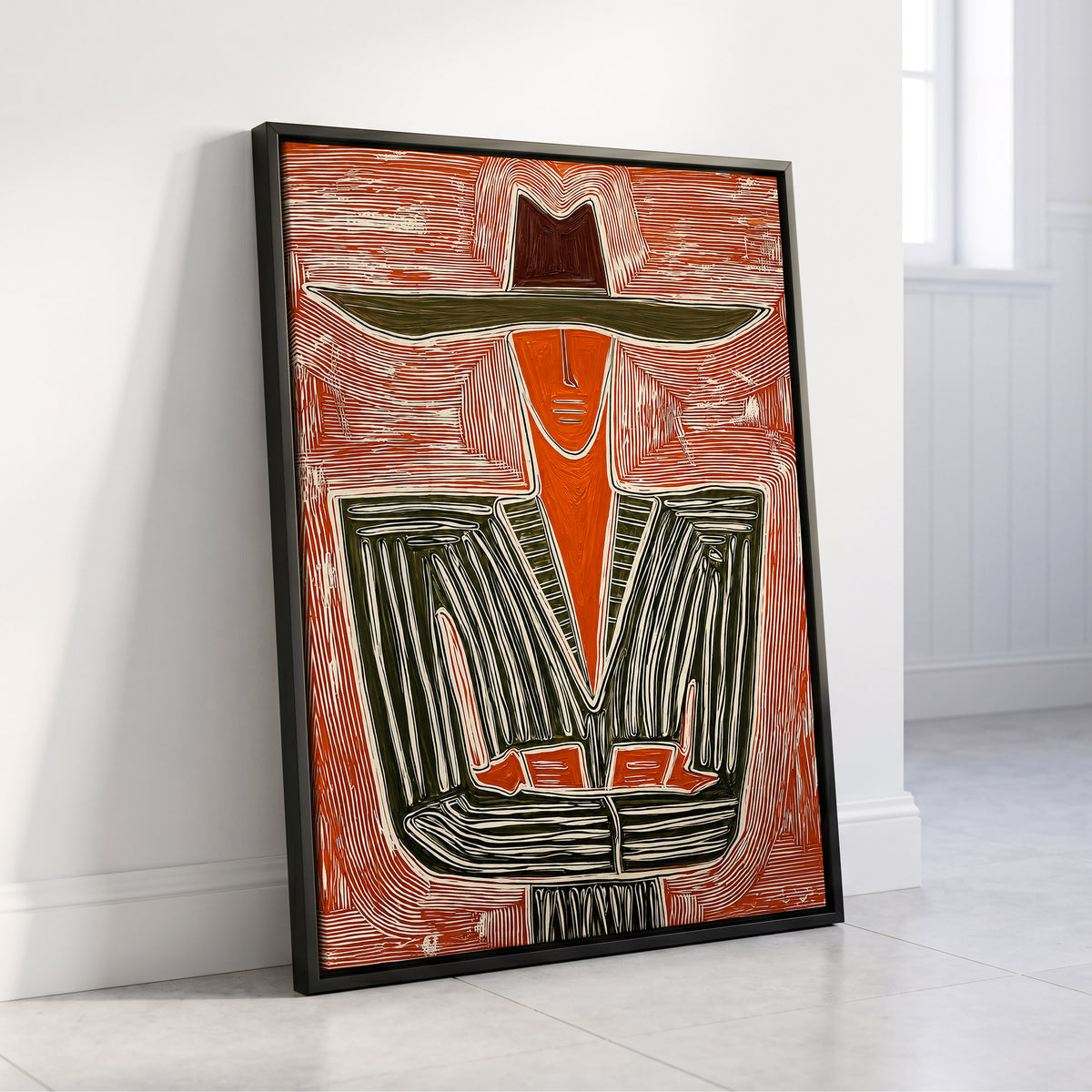 Rustline Silhouette, red, orange, green abstract wall art displayed in a styled interior, gallery view 4