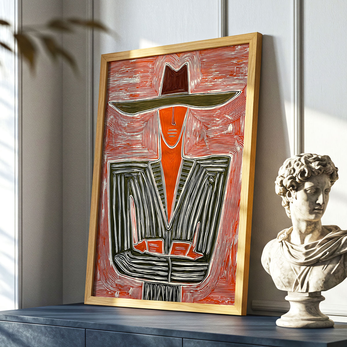 Rustline Silhouette, red, orange, green abstract wall art displayed in a styled interior, gallery view 6