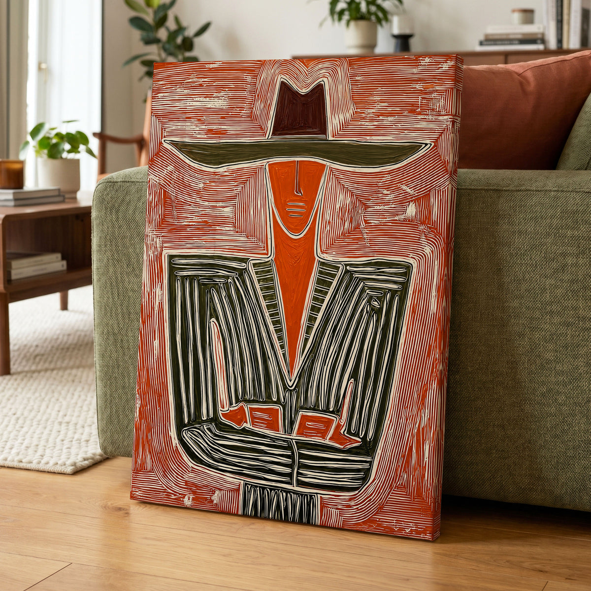 Rustline Silhouette, red, orange, green abstract wall art displayed in a styled interior, gallery view 7