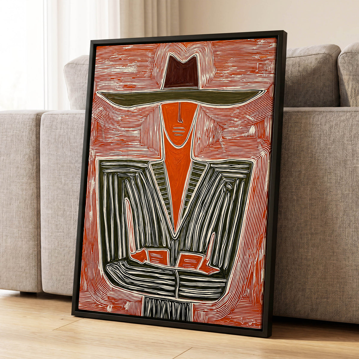Rustline Silhouette, red, orange, green abstract wall art displayed in a styled interior, gallery view 8
