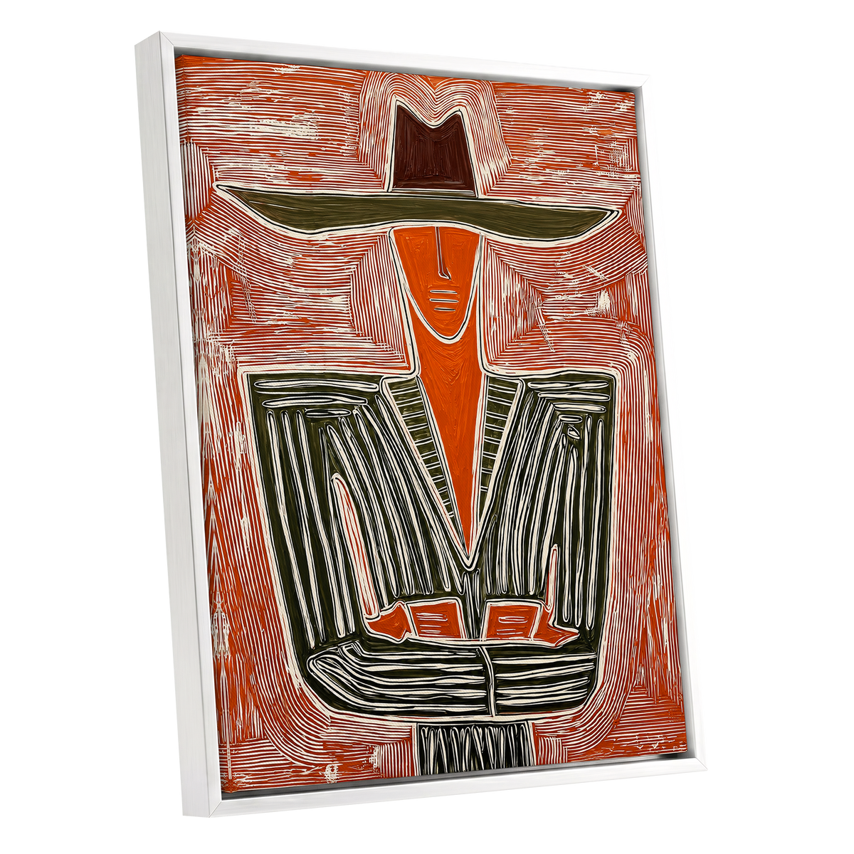 Rustline Silhouette, red, orange, green abstract wall art shown as a white framed canvas wall art