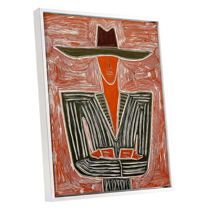 Rustline Silhouette, red, orange, green abstract wall art shown as a white framed canvas wall art