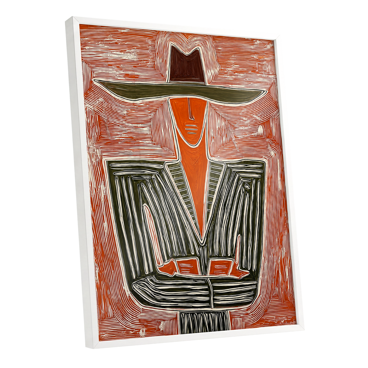Rustline Silhouette, red, orange, green abstract wall art shown as a white framed poster wall art print