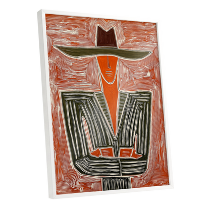 Rustline Silhouette, red, orange, green abstract wall art shown as a white framed poster wall art print