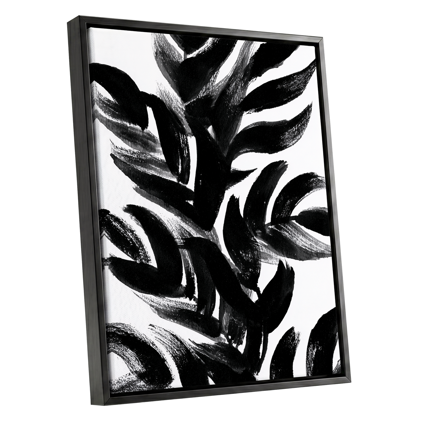 Sable Frond Chorus, black, white, gray nature wall art shown as a black framed canvas wall art