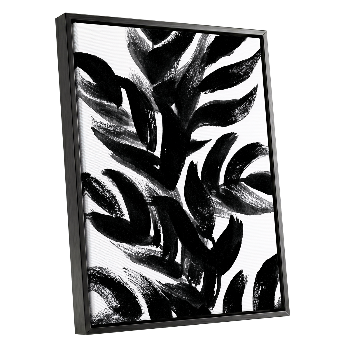 Sable Frond Chorus, black, white, gray nature wall art shown as a black framed canvas wall art
