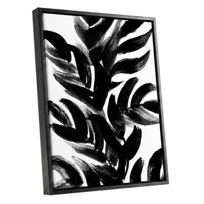 Sable Frond Chorus, black, white, gray nature wall art shown as a black framed canvas wall art