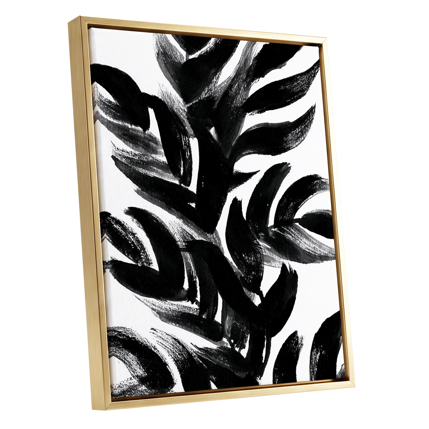 Sable Frond Chorus, black, white, gray nature wall art shown as a gold framed canvas wall art