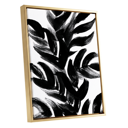 Sable Frond Chorus, black, white, gray nature wall art shown as a gold framed canvas wall art