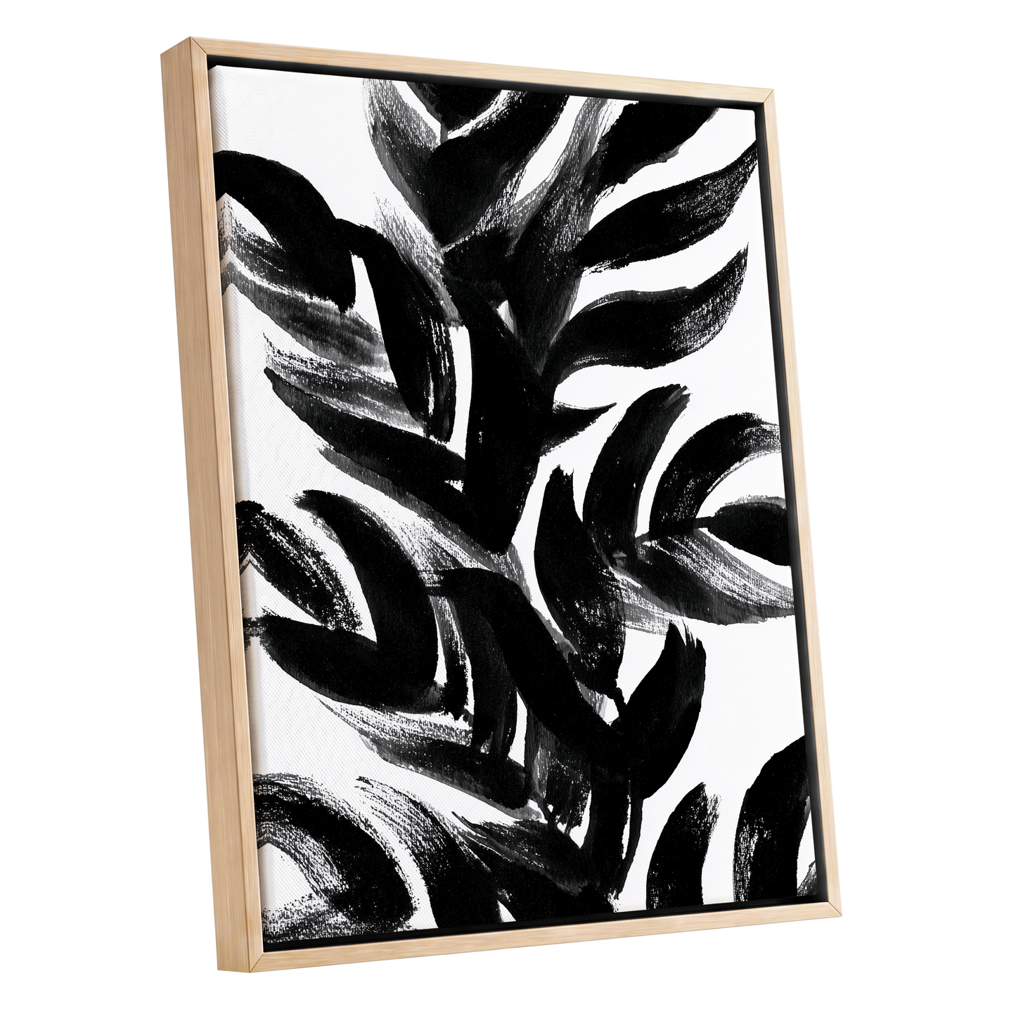 Sable Frond Chorus, black, white, gray nature wall art shown as a oak framed canvas wall art