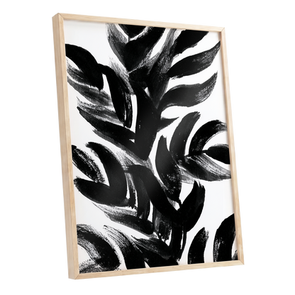 Sable Frond Chorus, black, white, gray nature wall art shown as a oak framed poster wall art print