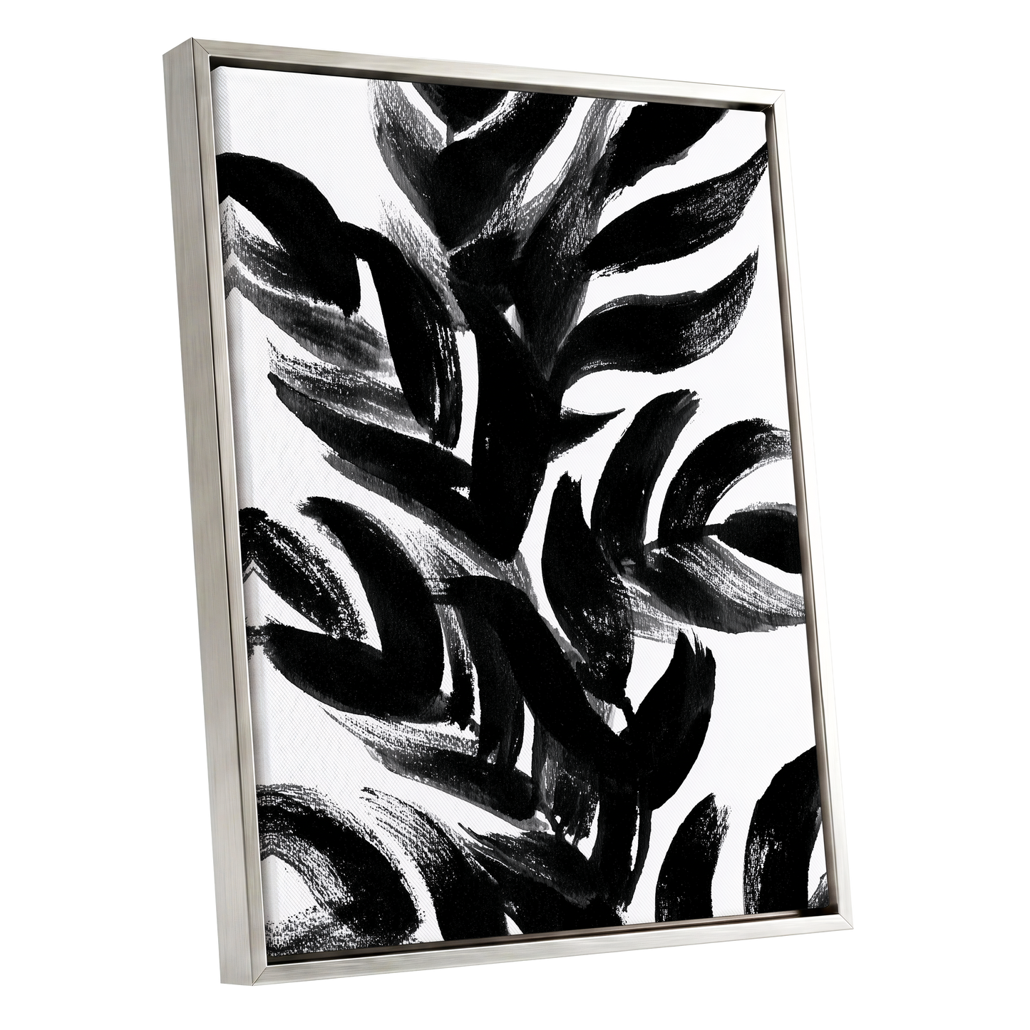 Sable Frond Chorus, black, white, gray nature wall art shown as a silver framed canvas wall art