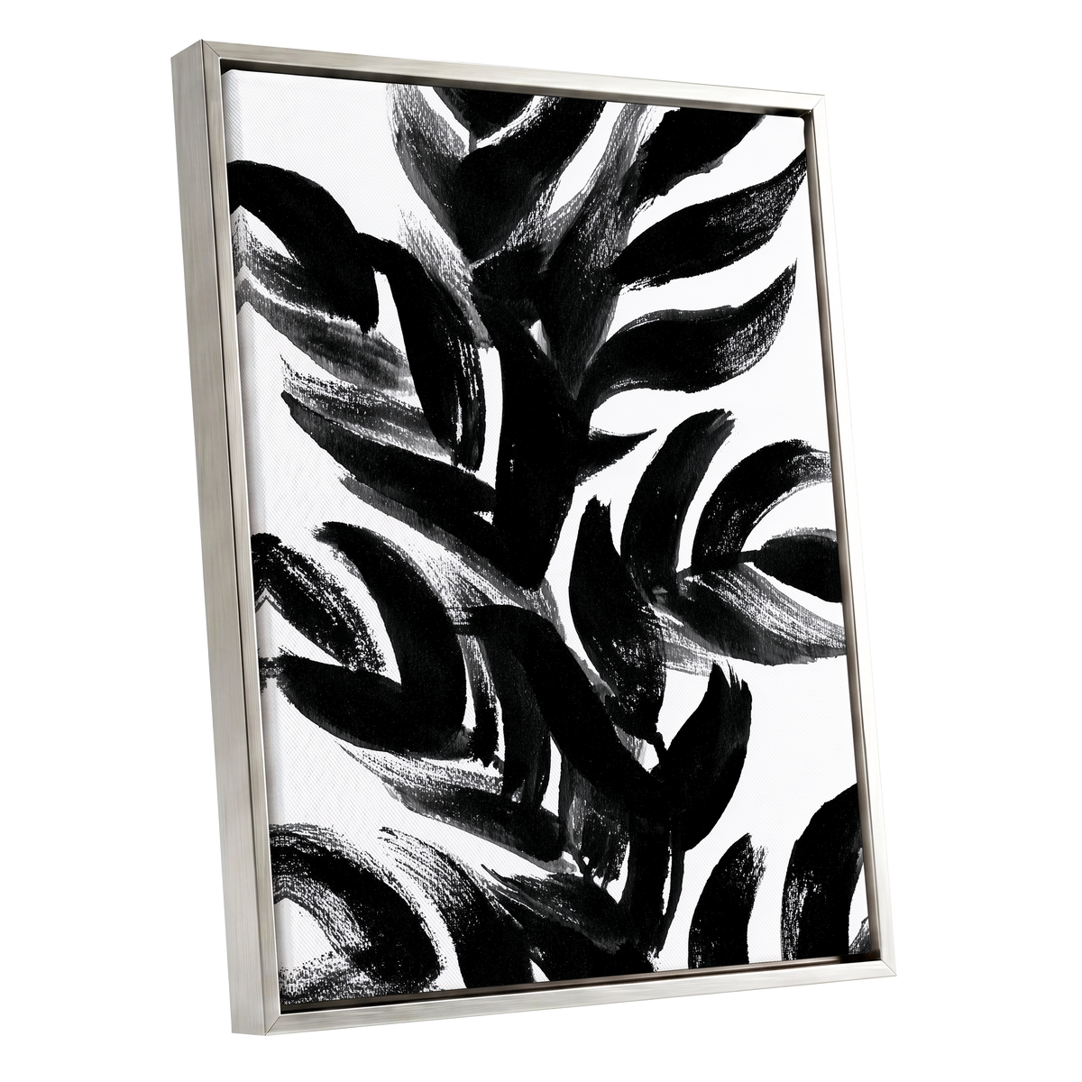 Sable Frond Chorus, black, white, gray nature wall art shown as a silver framed canvas wall art