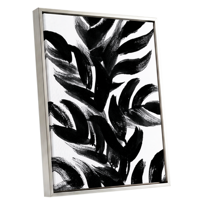 Sable Frond Chorus, black, white, gray nature wall art shown as a silver framed canvas wall art