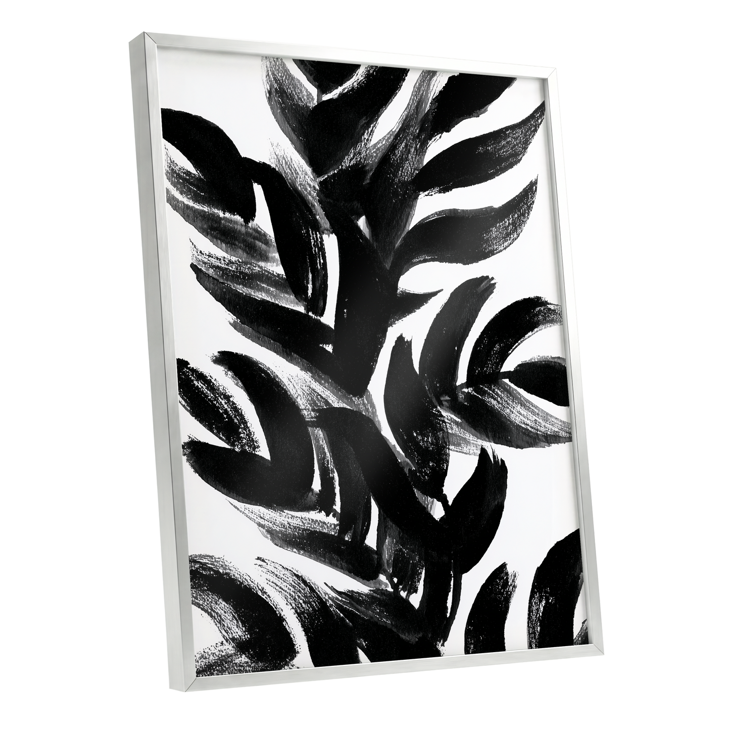 Sable Frond Chorus, black, white, gray nature wall art shown as a silver framed poster wall art print