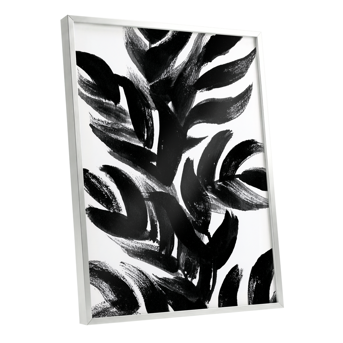 Sable Frond Chorus, black, white, gray nature wall art shown as a silver framed poster wall art print
