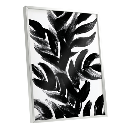 Sable Frond Chorus, black, white, gray nature wall art shown as a silver framed poster wall art print