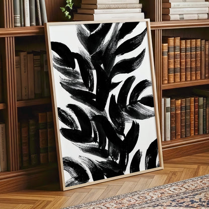 Sable Frond Chorus, black, white, gray nature wall art displayed in a styled interior, gallery view 2