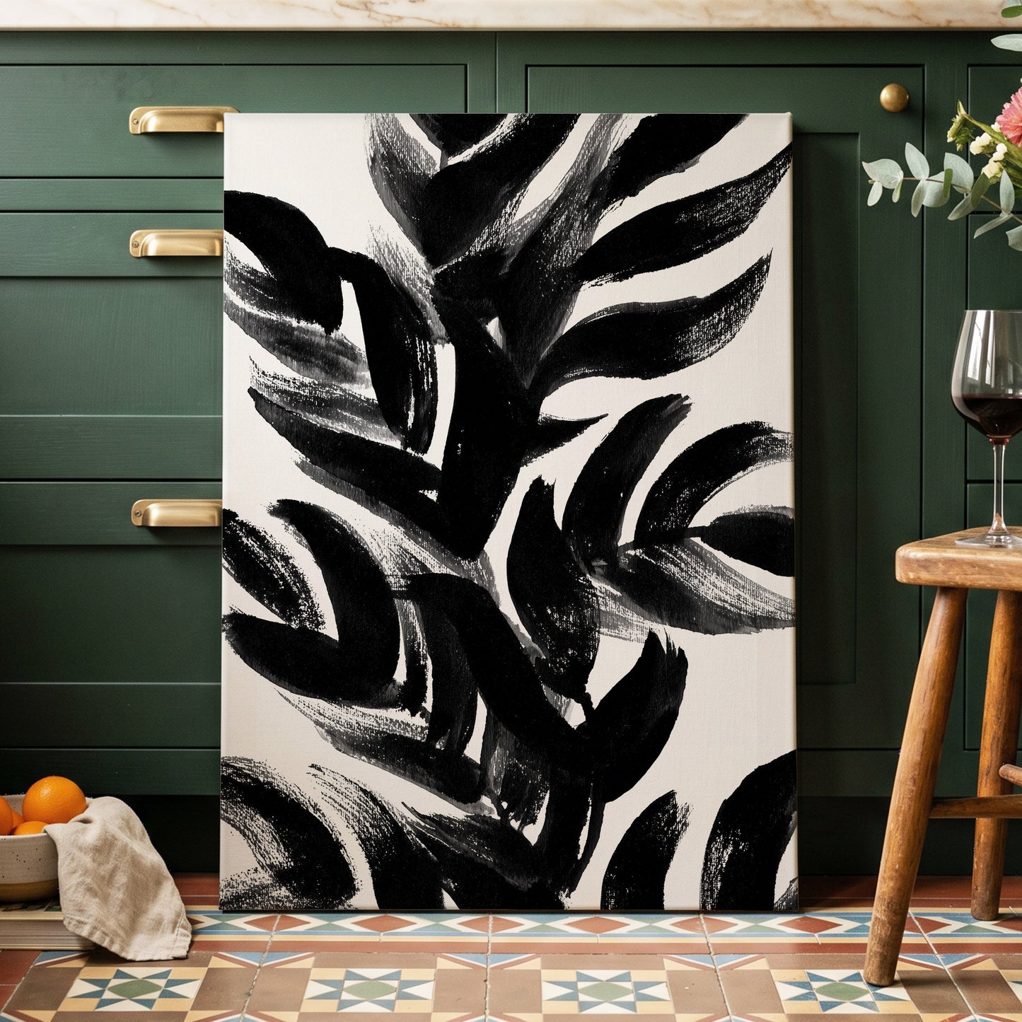 Sable Frond Chorus, black, white, gray nature wall art displayed in a styled interior, gallery view 3