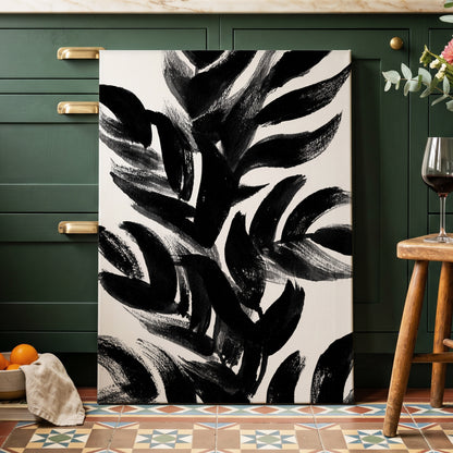 Sable Frond Chorus, black, white, gray nature wall art displayed in a styled interior, gallery view 3