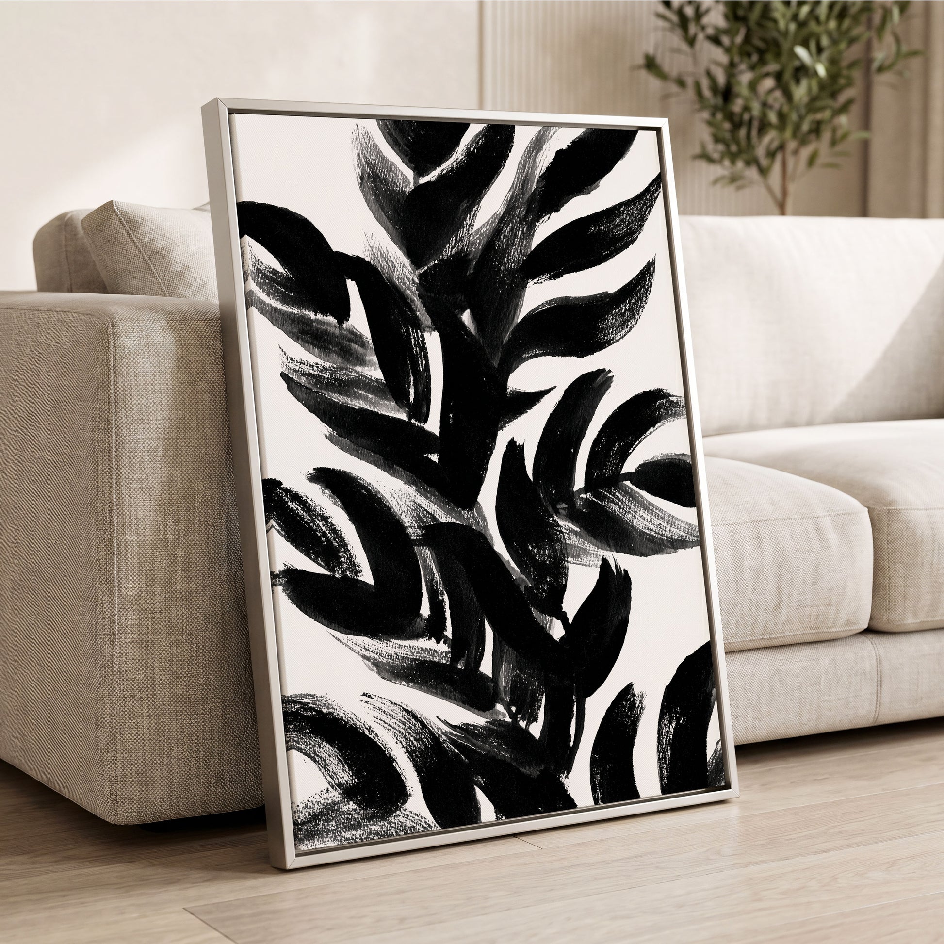 Sable Frond Chorus, black, white, gray nature wall art displayed in a styled interior, gallery view 4