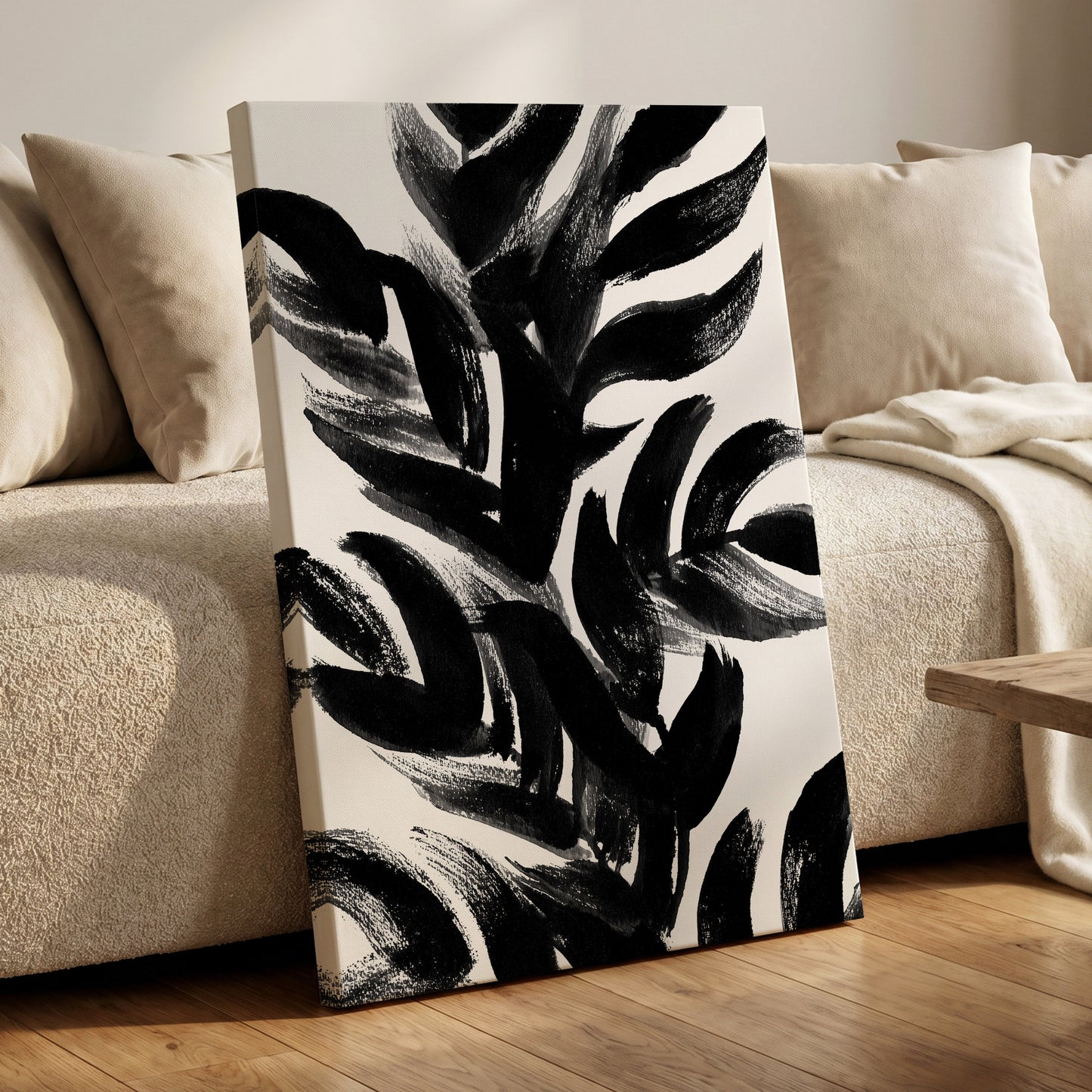 Sable Frond Chorus, black, white, gray nature wall art displayed in a styled interior, gallery view 7